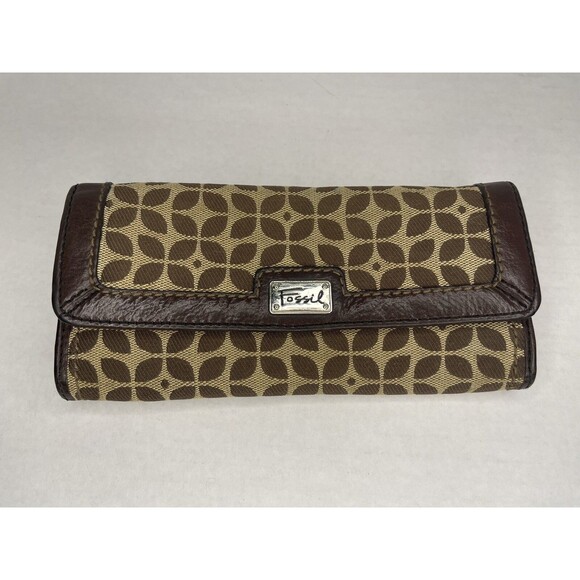 FOSSIL Signature Logo Monogram Canvas Leather Trim Organizer Wallet Tan Brown - Picture 1 of 4